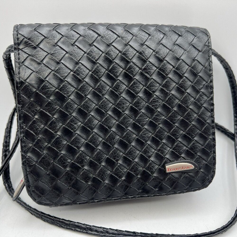 Small Black Travelon Black Woven Convertible Crossbody Belt Bag Fanny Purse 6"